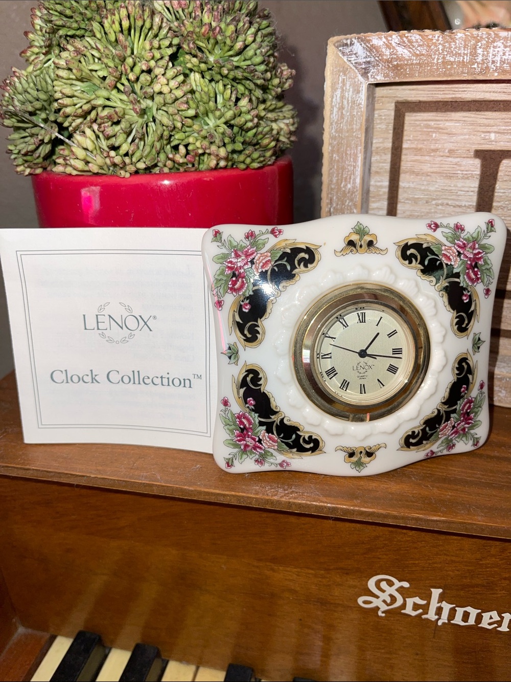 Lenox White Porcelain Floral Mantel Clock with Black and Pink Accents